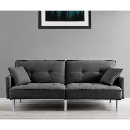 Homeroots 85" Dark Gray Polyester Blend Convertible Futon Sleeper Sofa And Toss Pillows With Silver Legs 544955