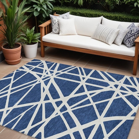 Homeroots 9' X 12' Navy Blue And Ivory Geometric Washable Indoor Outdoor Area Rug 600478