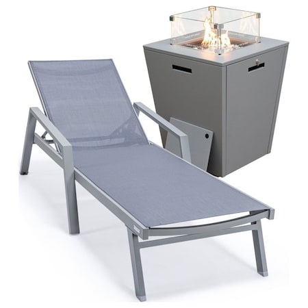 Leisuremod Marlin Grey Aluminum Patio Chaise Lounge Chair With Arms & Square Fire Pit Table, Dark Grey MLAGRCF21-77DGR