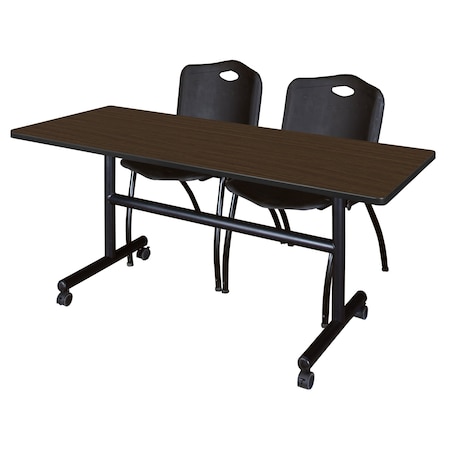 Regency Kobe Flip-Top Training Nesting Table W/ 2 M Stack Chairs, 60 in W, 30 in L, Neo Walnut MKFT6030NW47BK