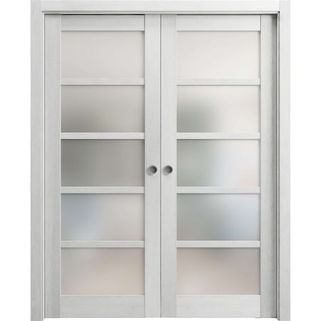 Sartodoors Sliding French Double Pocket Doors Frosted Glass Grey 48x80 (2* 24x80) Solid Core Modern Interior QUADRO4002DP-OAK-48