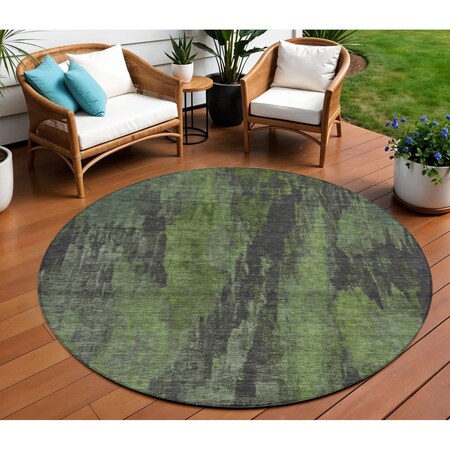 Homeroots 8' Olive Green And Charcoal Round Abstract Washable Indoor Outdoor Area Rug  616156