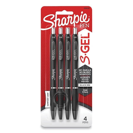 Sharpie S-Gel High-Performance Gel Pen, Retractable, Fine 0.5 mm, Black Ink, Black Barrel, 4PK 2096140
