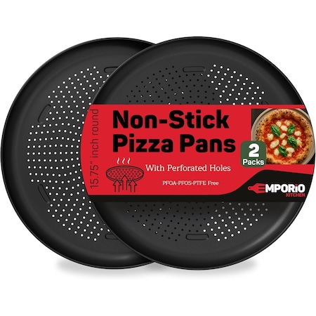 Emporio Kitchen Non-Stick Pizza Pan, 16in Carbon Steel, Perforated, Oven Safe to 450 DegF, Dishwasher Safe, 2PK EMPPIZ0247