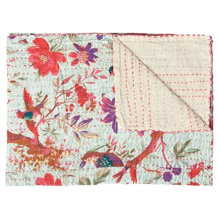 Homeroots 50" X 70" Pink and Ivory Kantha Cotton Floral Throw Blanket with Embroidery 357575