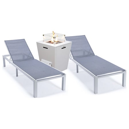 Leisuremod Marlin White Aluminum Patio Chaise Lounge Chair Set of 2 with Square Fire Pit Table, Dark Grey MLWCF21-77DGR2