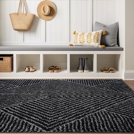 World Rug Gallery Minimal Stripe Geometric Shag Area Rug 4 ft x 6 ft Anthracite WR130ANTHRACITE4X6