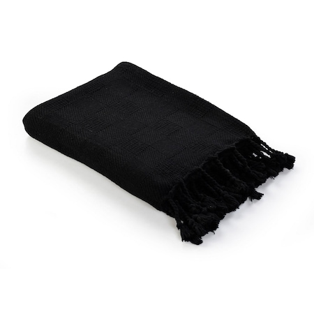 Homeroots 50" x 60" Black Woven Cotton Throw Blanket with Fringe 516563