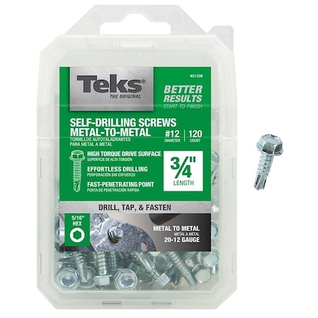 Teks Self-Drilling Screw, #12 x 3/4 in, Zinc Plated Steel Flange Hex Head External Hex Drive 21336
