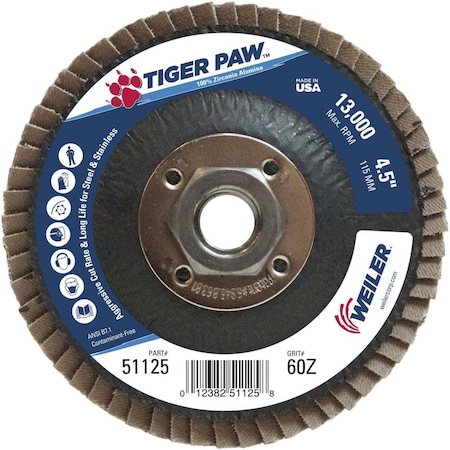Weiler Coated Abrasive Flap Disc, 4 1/2 in dia. 51125