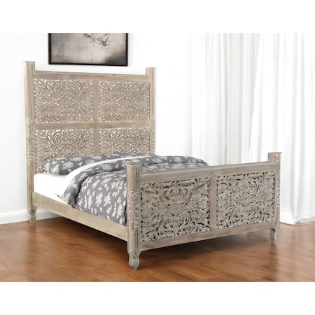 Homeroots Gray Carved Floral Distressed Solid Wood Queen Bed Frame 521079