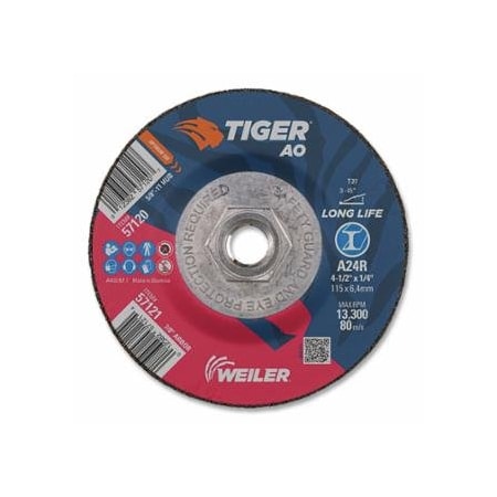 Weiler Tiger AO Grinding Wheel, 4-1/2 in dia x 1/4 in Thick, 5/8 in-11 UNC Arbor, A24R, Type 27, 10PK 804-57120