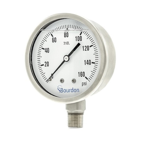 Bourdon Pressure Gauge, 0 to 160 psi, 4 in Dial, 1/2 in NPT, Bottom Location MEX5-D62.H22/0133