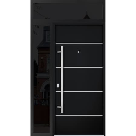 Vdomdoors Steel Door Deux 6083 Black Enamel Sidelight and Transom Window Sidelite Stainless Inserts Entry Doo DEUX6083EXD-BLK-W36+16 x H80+16-RH-I