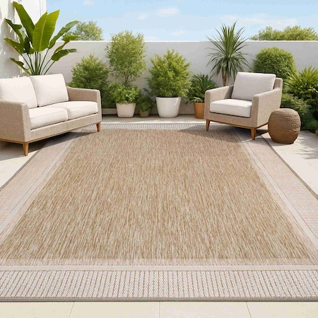 Jonathan Y Hali Coastal Casual Wide Stripe Border Beige/Cream 4 ft. x 6 ft. Indoor/Outdoor Area Rug TSN211A-4