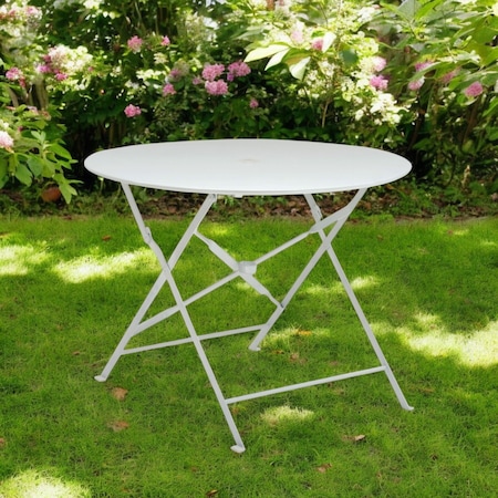Homeroots 36" White Rounded Aluminum Folding Outdoor Dining Table with Umbrella Hole 606433