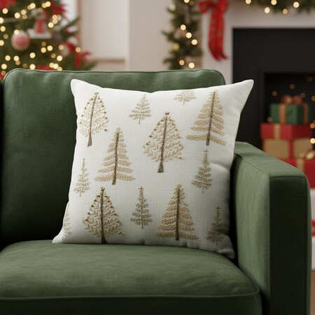 Homeroots 18" Natural Silver And Gold Cotton Christmas Trees Throw Pillow With Beads And Embroidery 719257