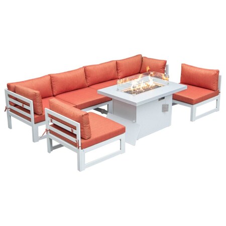 Leisuremod Chelsea 7-Piece Patio Sectional And Fire Pit Table White Aluminum With Orange Cushions CSFW-7OR