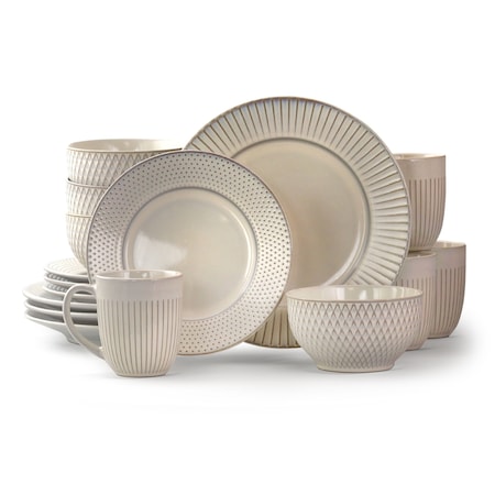 Elama Market Finds 16 Piece Round Stoneware Dinnerware Set in Embossed White EL-MARKETFINDS16