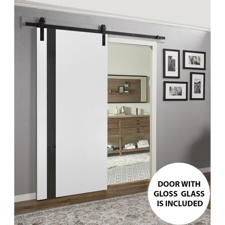 Sartodoors Sturdy Barn Door, Planum 0040 White Silk with Black Glass, 6.6FT Rail Hangers Heavy Hardware Set, S PLANUM0040BD-B-WS-42