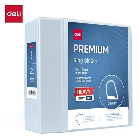 Deli Heavy Duty View Binder 5in, Letter, 3-Sided D-Ring, 4 Pockets, White, 2PK CF578-WH
