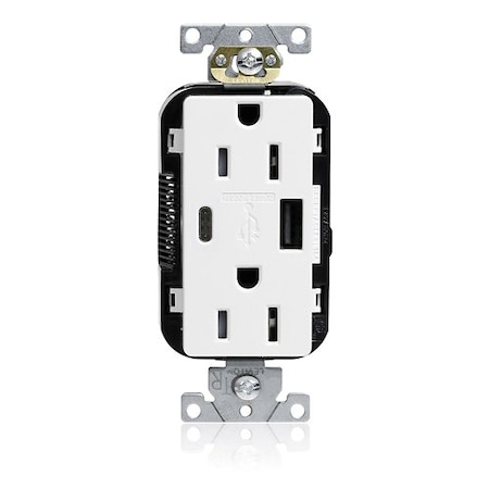 Leviton USB Receptacle, 15 A, 1/2 hp, White, PBT M56AC-W