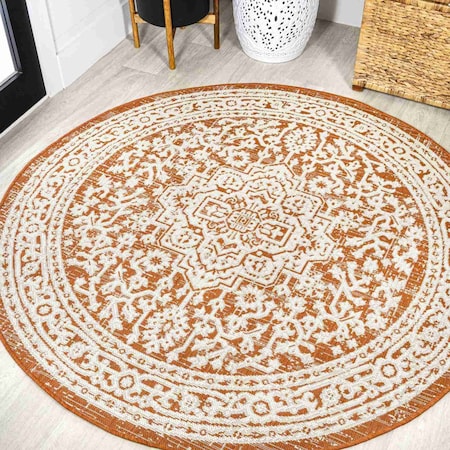 Jonathan Y Sinjuri Medallion Textured Weave Orange/Cream 5 ft Round Indoor/Outdoor Area Rug SMB101F-5R