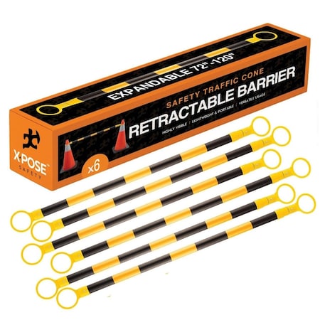 Xpose Safety Retractable Cone Bar, PVC, Black/Yellow 6 PK CBY72/120-6-X-S