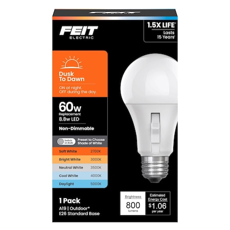 Feit Electric Feit A19 E26 (Medium) LED Dusk to Dawn Bulb Adjustable White 60 Watt Equivalence 1 pk OM60/5CCTDDLEDI