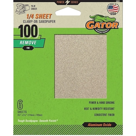 Gator Sanding Sheet, 4-1/2 in W, 5-1/2 in L, 100 Grit, Medium, Aluminum Oxide Abrasive, Paper Backing 5032