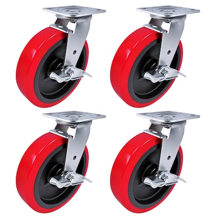 Hyw Products Heavy Duty Caster Set 8in Polyurethane on Plastic Wheels, 4 Swivel with Brake, 4PK 40-80S-A1-PU-TB-4
