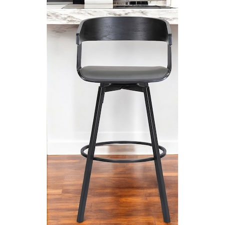 Homeroots 27" Gray and Black Faux Leather with Metal Swivel Counter Height Bar Chair 534452