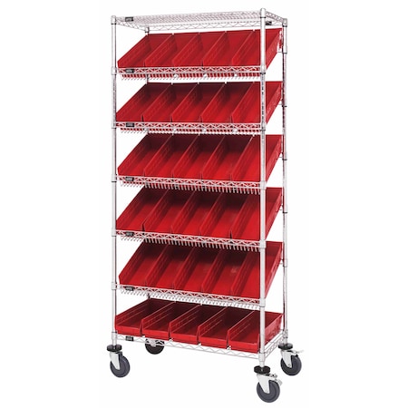 Quantum Storage Systems WIRE SHELVING UNIT W/30 RED BINS MOBILE MWRS-7-104RD