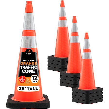 Xpose Safety 36 in Orange Traffic Cone, PVC, 15 lb Base with 6 in & 4 in Collar, DOT Approved, 12 PK OTC36-64-15L-12-X