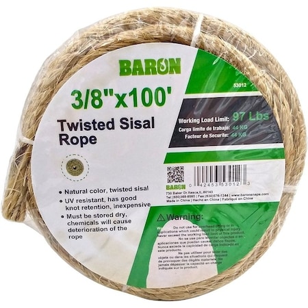 Baron Rope, 3/8 in Dia, 100 ft L, 87 lb Working Load, Sisal, Natural 53012