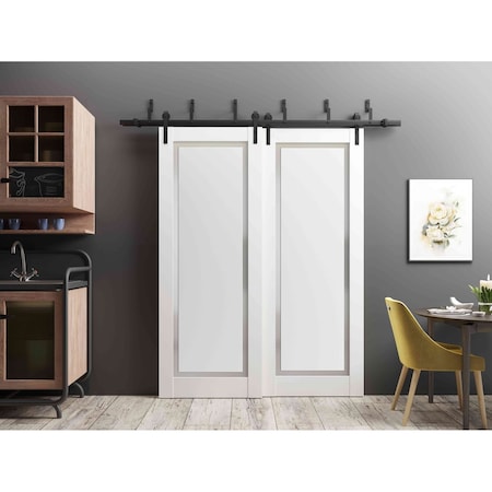 Sartodoors Sliding Closet Barn Bypass Doors 60 x 96in, Painted White W/ Frosted Glass, Sturdy 6.6ft Rails PLANUM0888BBB-BEM-6096