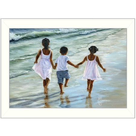 Homeroots Running on the Beach 1 White Framed Print Wall Art 415357