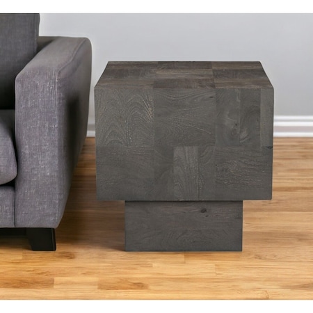 Homeroots 22" Gray Distressed Solid Wood Square Block End Table 565311