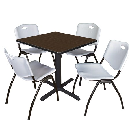 Regency Square Cain Breakroom Table W/ 4 M Stack Chairs, 30 in W, 30 in L, Neo Walnut TB3030NW47GY