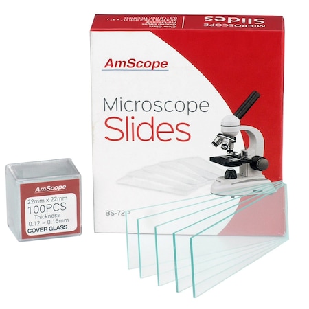 Amscope 72 Pre-Cleaned Blank Microscope Slides and 100 22x22mm Square Cover Glass BS-72P-100S-22