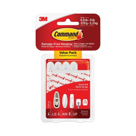 Command Assorted Refill Strips, Removable, (8) Small 0.75 x 1.75, (4) Med 0.75 x 2.75, (4) Large 0.75 x 3.75 17200