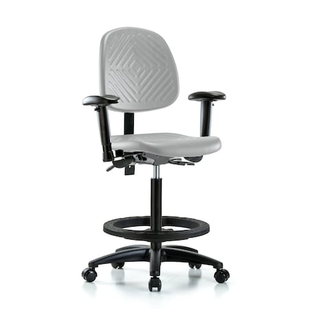 Blue Ridge Ergonomics Poly Chair-High Bench Ht with Medium Back, Adjustable Arms, Black Foot Ring, & Casters in Gray Poly PHBCH-MB-RG-T0-A1-BF-RC-GRY