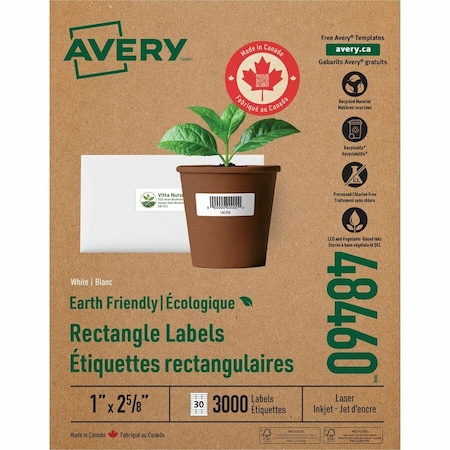 Avery Address Label, 1" Label W, 30 Labels per Sheet White 48460
