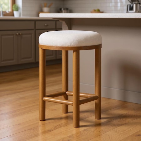 Homeroots 27" White and Natural Boucle and Solid Wood Backless Counter Height Bar Chair 632471