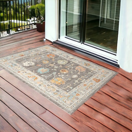 Homeroots 2' X 3' Gray and Orange Floral Stain Resistant Indoor Outdoor Area Rug 531492