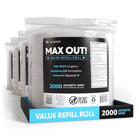 Wipex Sanitizing Wipes 2000ct Value Refill Rolls, 8000 Antibacterial Hand Wipes for Gym & Fitness, 4PK WX72232MO-4