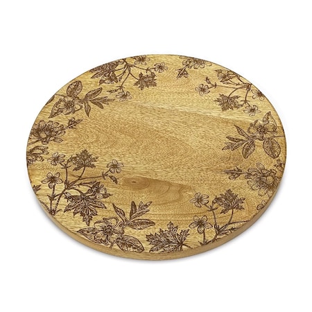 Homeroots Set of Two 12" Brown Solid Wood Floral Round Serving Trays 634502