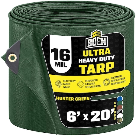 Boen Ultra Heavy Duty Tarp, 6 ft x 20 ft, 16 Mil, Green, Polyethylene HGT-620