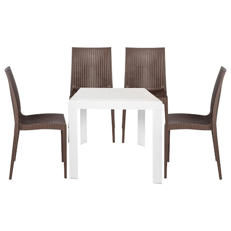 Leisuremod Mace Mid-Century 5-Piece Outdoor Dining Set, White/Brown MT31WC19BR4