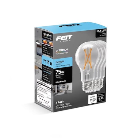 Feit Electric Feit A19 E26 Medium Filament LED Bulb Daylight 75 Watt Equivalence, 4PK A1975CL950/FIL4